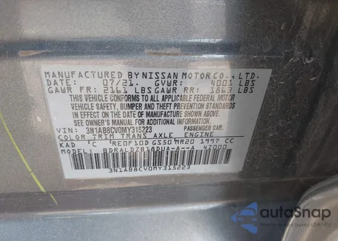 2021 Nissan Sentra Sv Xtronic Cvt from USA, damaged, VIN 3N1AB8CV0MY315223